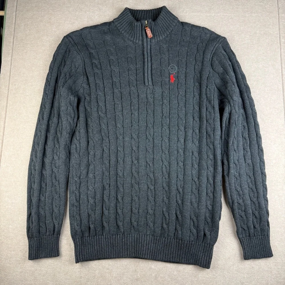 Polo Ralph Lauren Sweater Mens XL Custom Slim Fit‎ Charcoal Cable Knit 1/4 Zip
